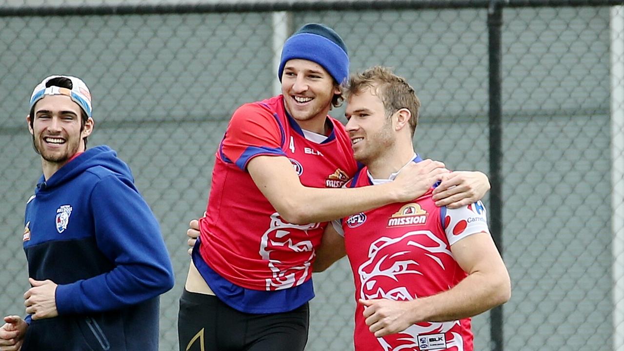 Stewart Crameri got a hug from Marcus Bontempelli when he returned to Western Bulldogs training. Picture: Colleen Petch
