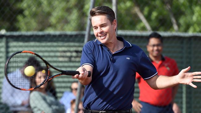 Retired Australian tennis great Todd Woodbridge OAM enjoys a few hits with junior coach Bik Khiteng at the Croyden Tennis Club. Woodbridge surprised some lucky St Mary’s Primary School students on Friday with a video call.