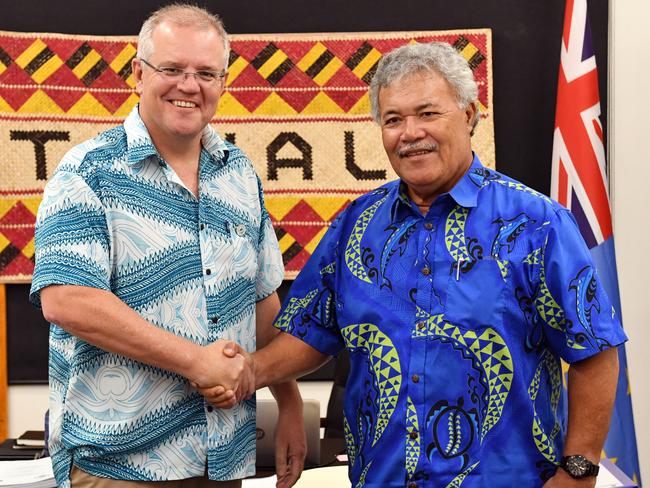 Tuvalu's Prime Minister Enele Sopoaga meets with Australia's Prime Minister Scott Morrison for a bilateral meeting during the Pacific Islands Forum in Funafuti, Tuvalu. Picture: AAP.