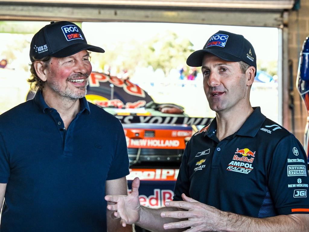 Race Of Champions president and co-founder Fredrik Johnsson with Jamie Whincup, who will represent Australia in the event at Accor Stadium in March. Photo: Richard Gresham, ROC