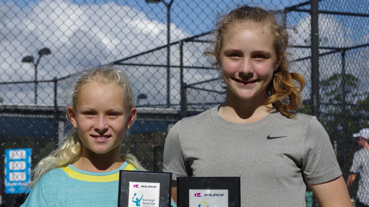 Gold Coast tennis player Emmerson Jones (left) with Lejla Buldo after their under-12 final at the Beenleigh Age title. Picture: GEOSNAPSHOT.COM/CHRIS SEEN