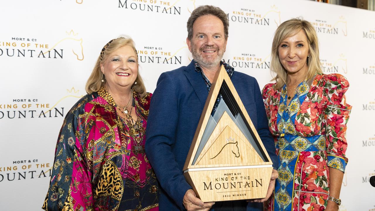 Rowena and Paul Hogan of Hogans Family Jewellers with Catherine Kirkwood (right) show off the Mort and Co King of the Mountain trophy made by Hogans and Potato Press at the slot holder draw luncheon, Friday, October 7, 2022. Picture: Kevin Farmer