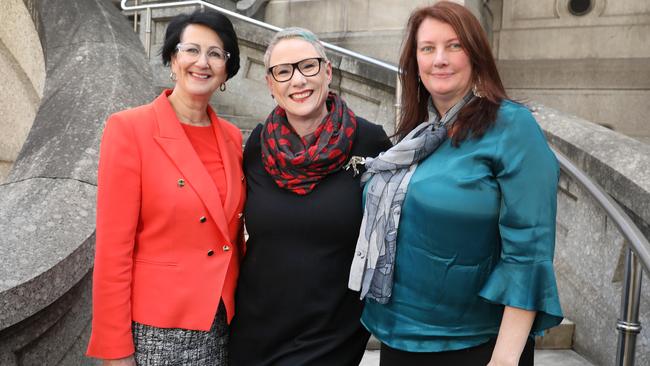 Attorney-General Vickie Chapman will champion the push to legalise sex work in South Australia in the Lower House. She is pictured with the Upper House mover of the legislation Tammy Franks (right) and manager of the Sex Industry Network Sharon Jennings (centre). Picture: AAP / Dean Martin