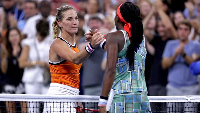 Coco Gauff is congratulated by Timea Babos. Picture: Getty Images