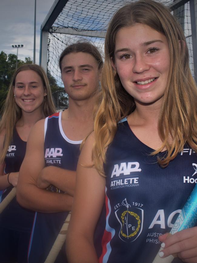 Ashleigh Ensbey, Rhys Cropper and Mackenna Ensbey are among a contingent of Grafton hockey players selected to represent NSW teams at national championships this year. Photo Bill North / The Daily Examiner