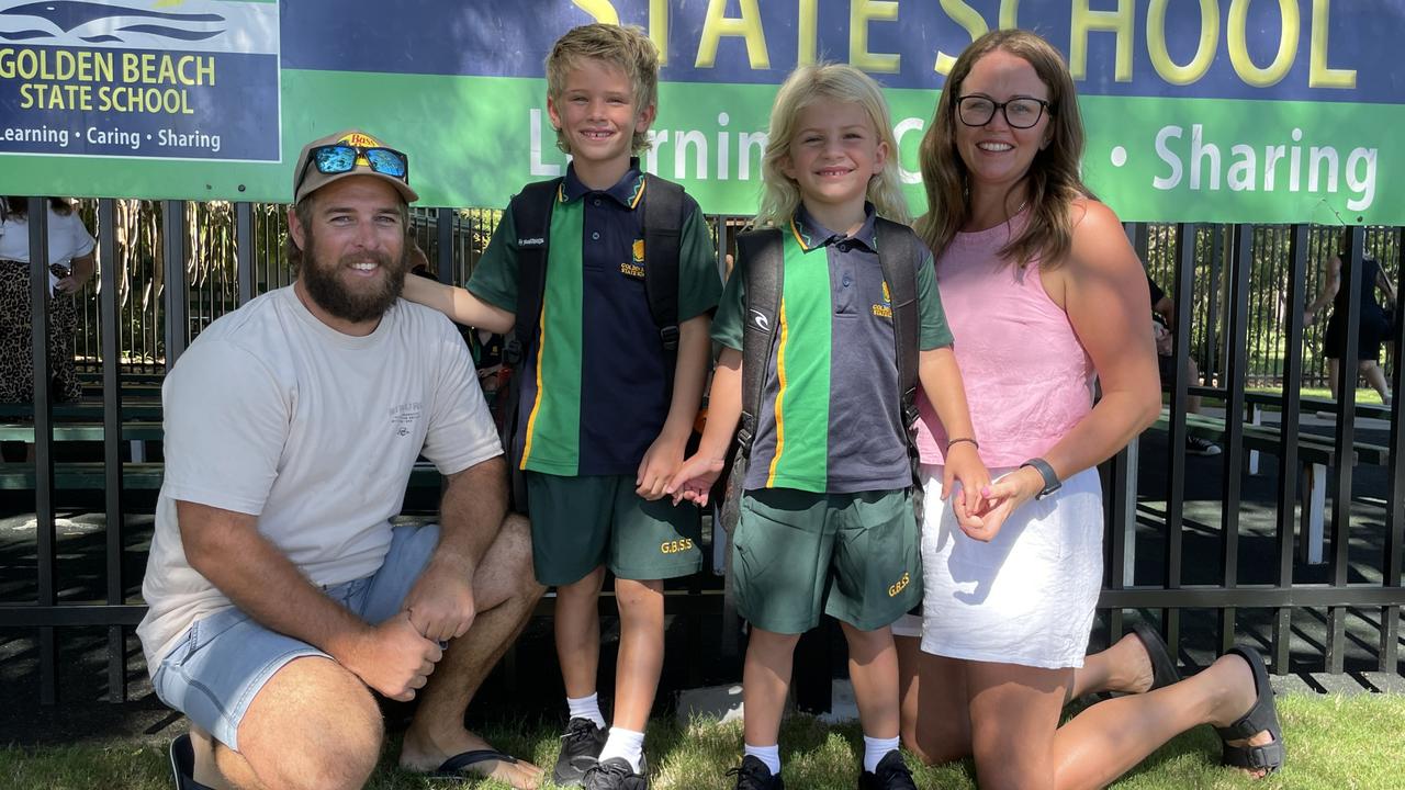 Caleb, Owen, Harry, and Racquel on Harry's first day of school at Golden Beach State School. Picture: Iwan Jones