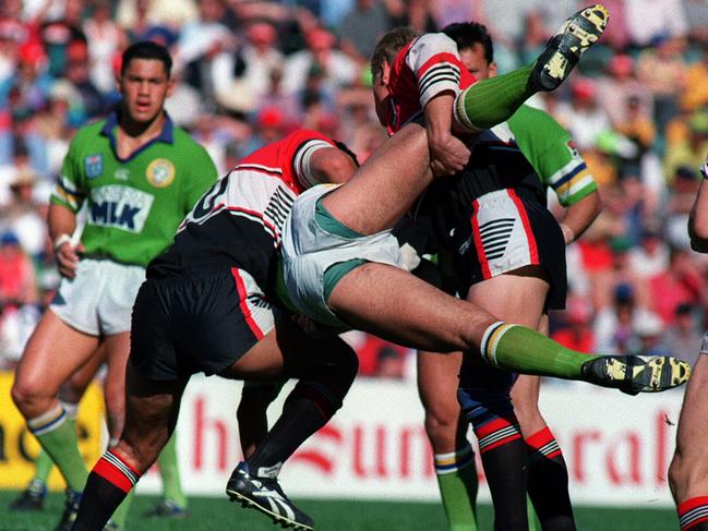 Gary Larson (R) alleged spear tackle on David Furner. Canberra v Norths. 18 September 1994. Sport / Rugby League