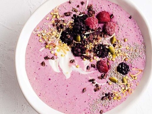 An acai bowl is made with either acai powder or puree that is blended with dairy or dairy-free milk.