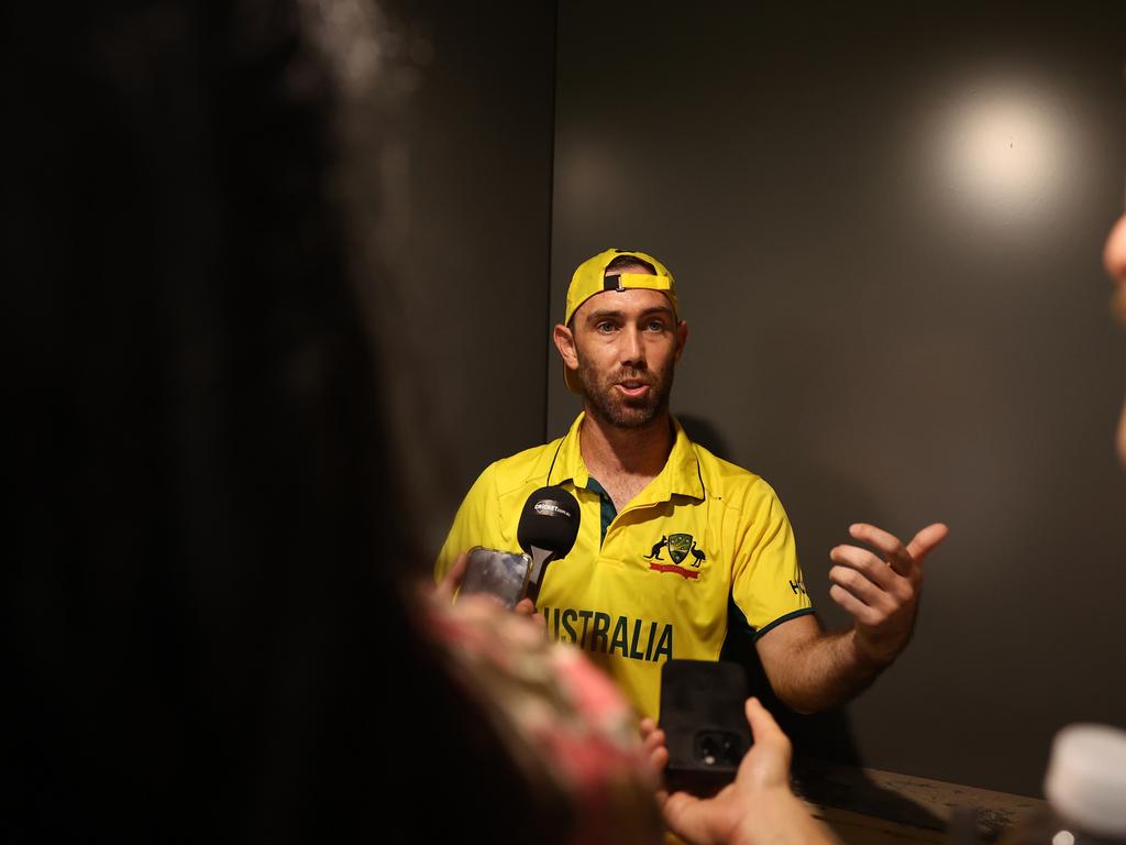 Glenn Maxwell speaks to the media after he hit the winning runs. Picture: Robert Cianflone/Getty Images