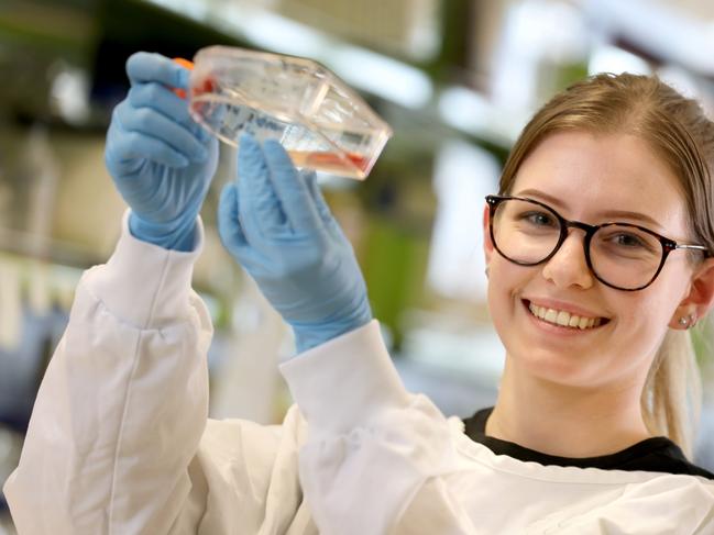 University of Adelaide PhD candidate Khalia Primer, 23 originally from Cleve on the Eyre Peninsula, in the laboratory at SAHMRI. She working on gene therapy to treat diabetic ulcers. 14 September 2020. Picture Dean Martin