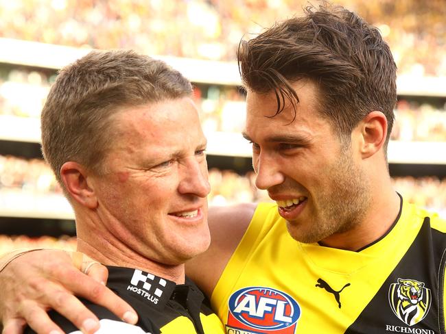 MELBOURNE, VICTORIA - SEPTEMBER 30: Tigers head coach Damien Hardwick and Alex Rance of the Tigers celebrate victory during the 2017 AFL Grand Final match between the Adelaide Crows and the Richmond Tigers at Melbourne Cricket Ground on September 30, 2017 in Melbourne, Australia.  (Photo by Mark Kolbe/AFL Media/Getty Images)