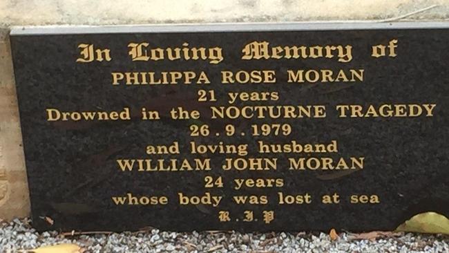 The gravesite of Phillipa Moran and memorial of William Moran. Bill Moran was 24-years-old when he and his 21-year-old wife Philippa died after their boat was swamped by horror swell off the state’s north coast in 1979. Picture: NSW Police
