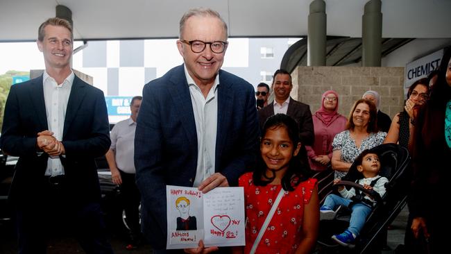 Prime Minister Anthony Albanese greets people during a visit to the Westmead Medicare Urgent Care Clinic in Sydney on Sunday. Picture: Nikki Short