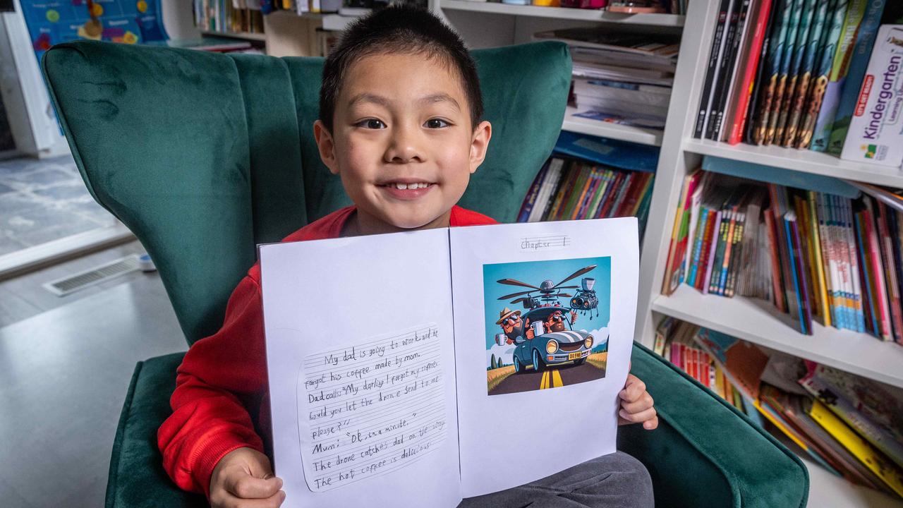 Winner of the 2023 K-2 category of the Kids News Short Story Competition, Everest Song, 7, now in Grade 2 at Serpell Primary School, loves comic strip fiction, especially Dog Man and The Bad Guys, which have inspired him to create illustrations to accompany his own work using software program Midjourney. Picture: Jake Nowakowski