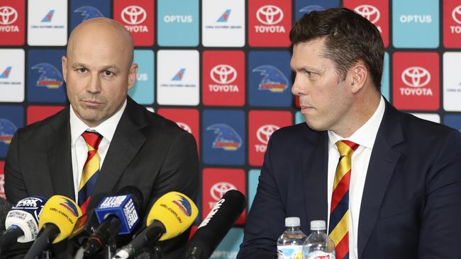 Fagan (right) announcing Matthew Nicks as the Crows’ new coach. Picture: Sarah Reed