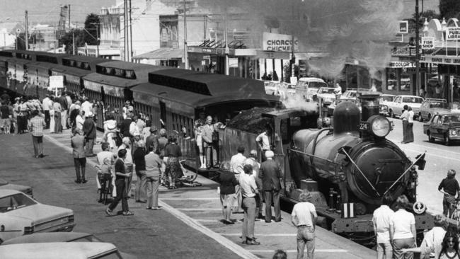 A steam train arrives at Semaphore in 1978.