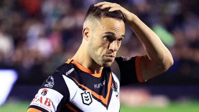 TAMWORTH, AUSTRALIA - JULY 28: Luke Brooks of the Tigers looks on after their loss during the round 22 NRL match between Wests Tigers and South Sydney Rabbitohs at Scully Park on July 28, 2023 in Tamworth, Australia. (Photo by Jenny Evans/Getty Images)