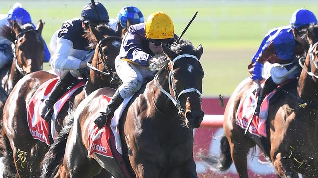 Rich Hips ridden by Michael Poy wins the Ladbrokes Handicap  at Ladbrokes Park Lakeside Racecourse on July 08, 2020 in Springvale, Australia. (Pat Scala/Racing Photos via Getty Images)