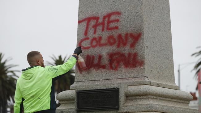 The statue of Captain Cook in St Kilda has been cut down overnight. Picture: NCA NewsWire / David Crosling