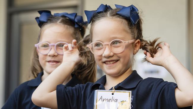 Our Lady of Lourdes prep students twins Akayla (left) and Amelia on their first day of school, Wednesday, January 29, 2025. Picture: Kevin Farmer