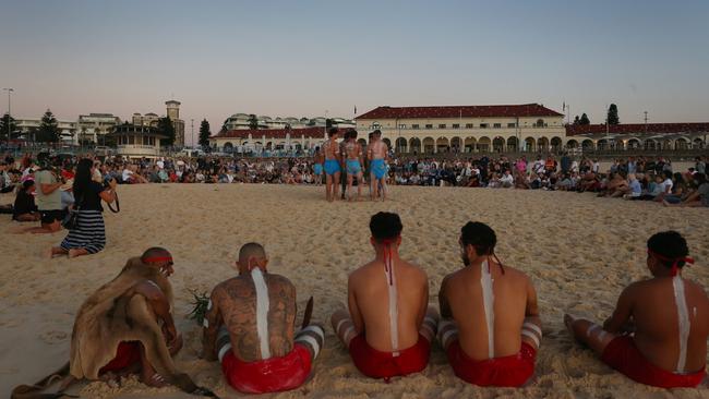 Gamay Dancers perform during a Dawn Reflection and Smoking Ceremony at Bondi Beach on Australia Day.