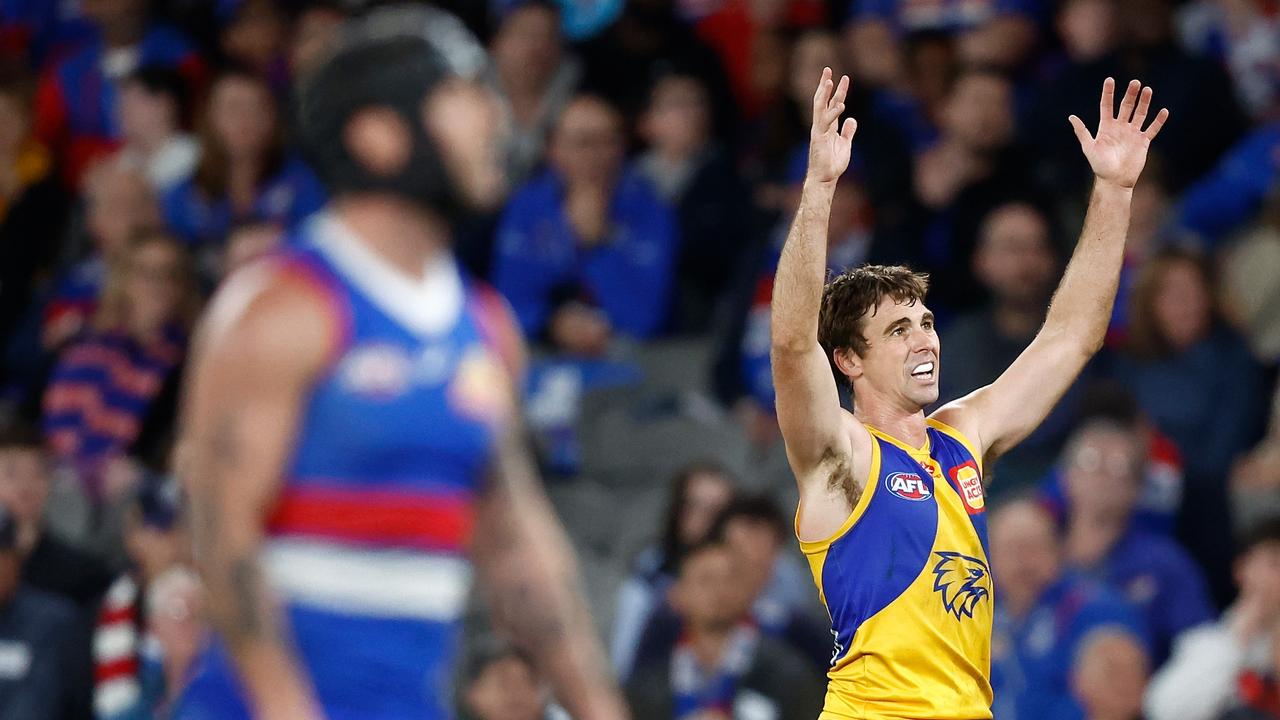 Jamie Cripps of the Eagles celebrates one of his five goals. Picture: Michael Willson/AFL Photos via Getty Images