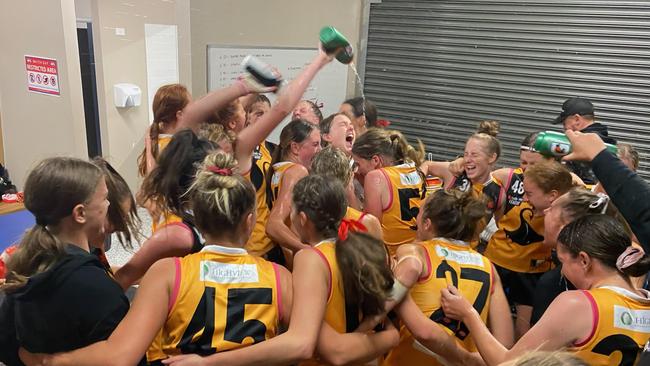 Dandenong Stingrays NAB League Girls whoop it up after their won over the Dragons.