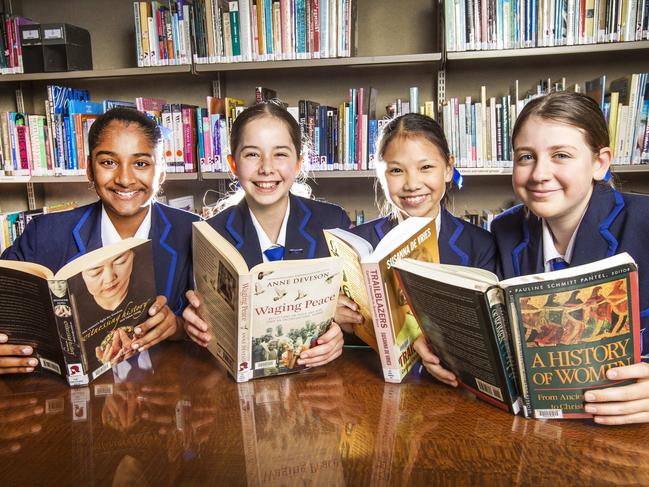 *For Wednesday* NAPLAN preview - Brisbane Girls Grammar are expected to be one of the state's top performing schools for NAPLAN results this year. L-R: Brisbane Girls Grammar Year 7 girls Alyssa Godinho, Eva Lusk, Aily Chang and Elsie Butler.Picture: NIGEL HALLETT