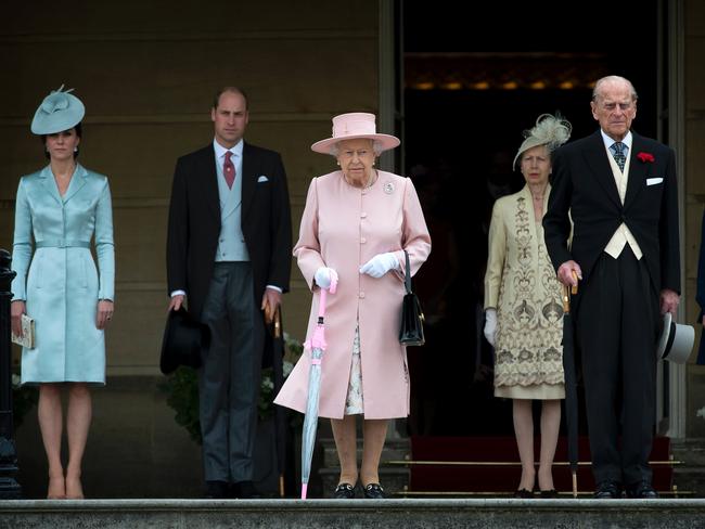 Britain’s Catherine, Duchess of Cambridge, Britain’s Prince William, Duke of Cambridge, Britain’s Queen Elizabeth II, Britain’s Princess Anne, Princess Royal, Britain’s Prince Philip, Duke of Edinburgh, Britain’s Princess Beatrice of York attend a garden party at Buckingham Palace in London on May 16, 2017. Picture: AFP