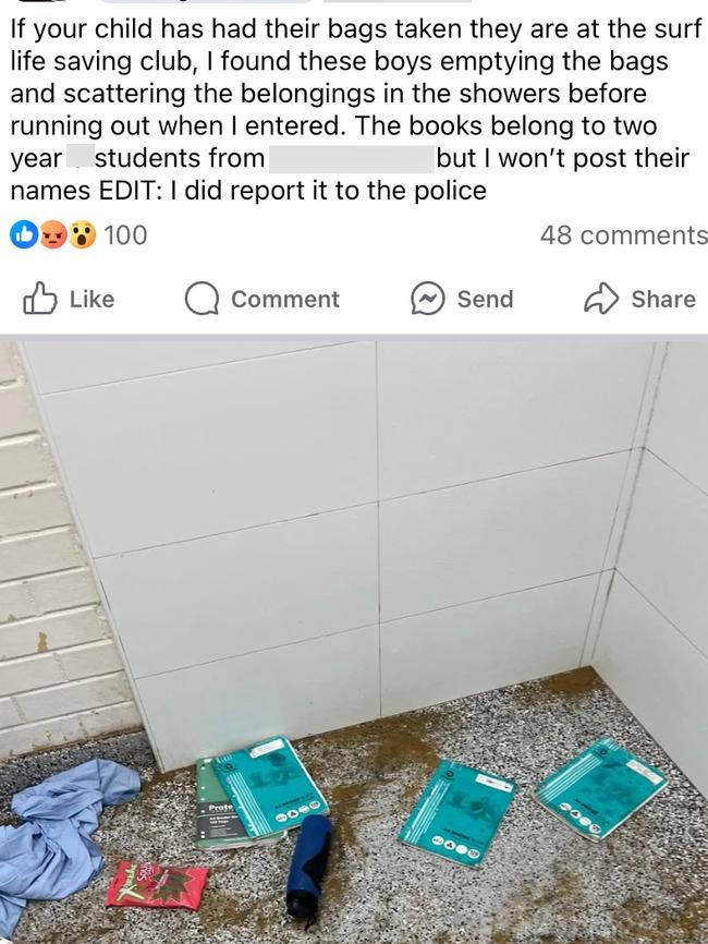 Facebook post on the Terrigal Community page warning of possible theft of items from the local surf lifesaving club. Picture: facebook