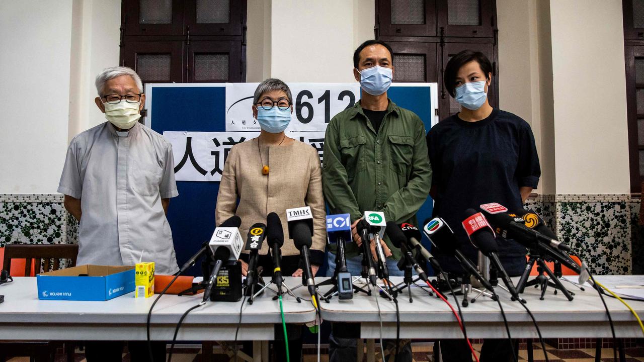 Cardinal Joseph Zen, barrister Margaret Ng, professor Hui Po-keung and singer Denise Ho at a press conference on August 18. Picture: Isaac Lawrence / AFP