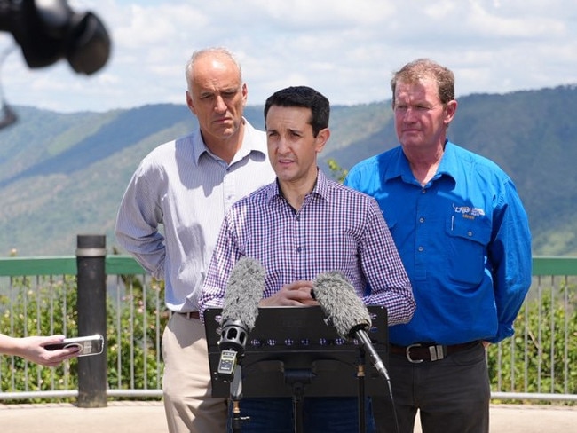 Queensland Premier David Crisafulli (centre) stood up with Mackay MP Nigel Dalton (left) and presumptive Mirani MP Glen Kelly (right) on November 3 at Eungella to tell locals the project wouldn’t be going ahead. Picture: Supplied