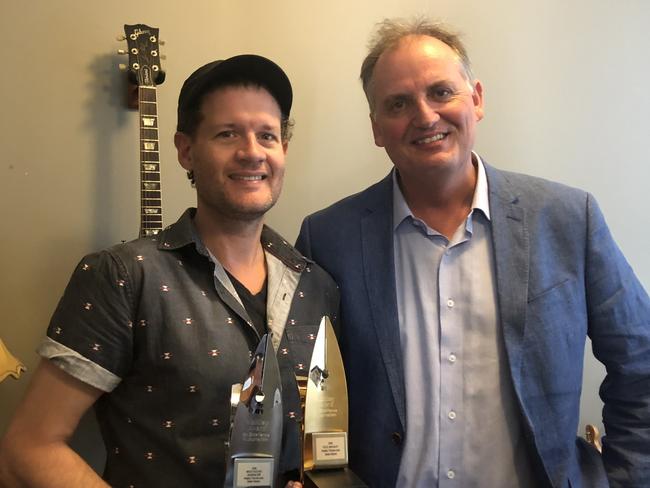 EMBARGO FOR TWAM 07 OCT 2023. FEE MAY APPLY. Slade Gibson and Hedley Thomas with the Gold Walkley for The Teacher-s Pet - itÃ¢â¬â¢s November 2018, and we are in SladeÃ¢â¬â¢s recording studio. PHOTO: COURTESY OF HEDLEY THOMAS