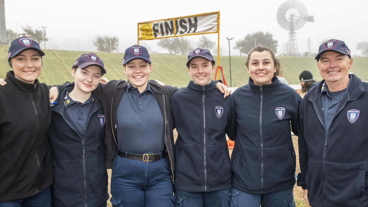 (from left) Marnie Dixon, Ella Simpson, Jaide Voigt, Claire Case, Bella Meiklejohn and Robert Smithson. Emergency Services cadets helped with time keeping at the 40 for Fortey relay at Toowoomba Showgrounds. Sunday, May 29, 2022. Picture: Nev Madsen.