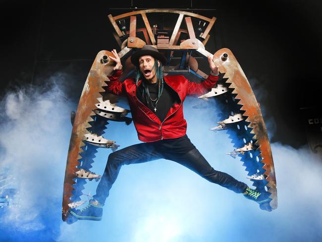 Illusionist Cosentino practices his escape from the Bear Trap in preparation for his new Royal Melbourne Show performance. Picture: David Caird