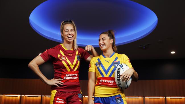 They are friendly off the field, but there will be no holding back for NRWL stars Kezzie Apps and Jess Sergis in the City-Country clash. Picture: Jonathan Ng