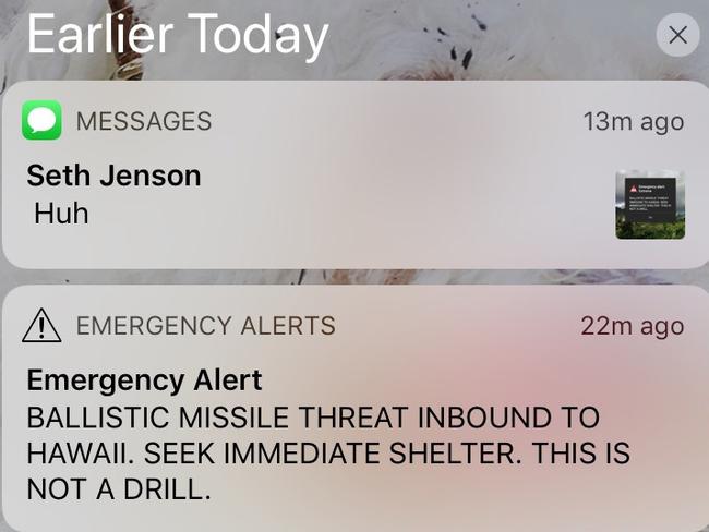 This smartphone screen capture shows the  false incoming ballistic missile emergency alert sent from the Hawaii Emergency Management Agency system.