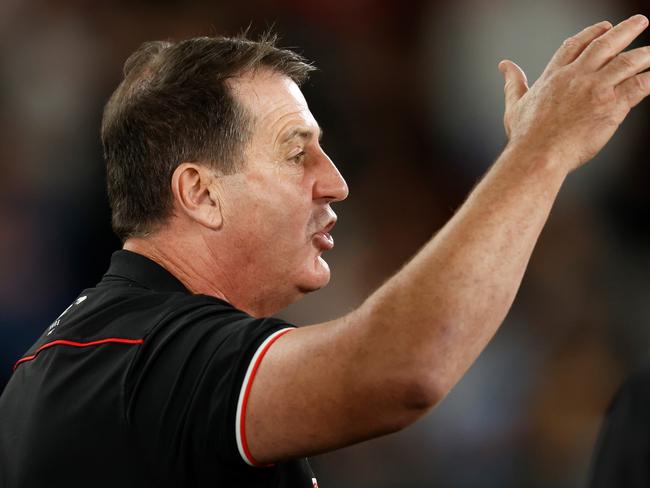 MELBOURNE, AUSTRALIA - MARCH 19: Ross Lyon, Senior Coach of the Saints addresses his players during the 2023 AFL Round 01 match between the St Kilda Saints and the Fremantle Dockers at Marvel Stadium on March 19, 2023 in Melbourne, Australia. (Photo by Michael Willson/AFL Photos via Getty Images)