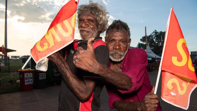 Rocky and Peter at the 2024 AFL match between Gold Coast Suns and North Melbourne at TIO Stadium. Picture: Pema Tamang Pakhrin