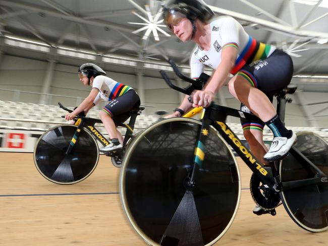 BRISBANE, AUSTRALIA - NewsWire Photos JULY 31, 2020. Two world champions and likely Tokyo Paralympic athletes Emily Petricola and Paige Greco (L) at Anna Meares Velodrome.Picture: NCA NewsWire / Richard Gosling