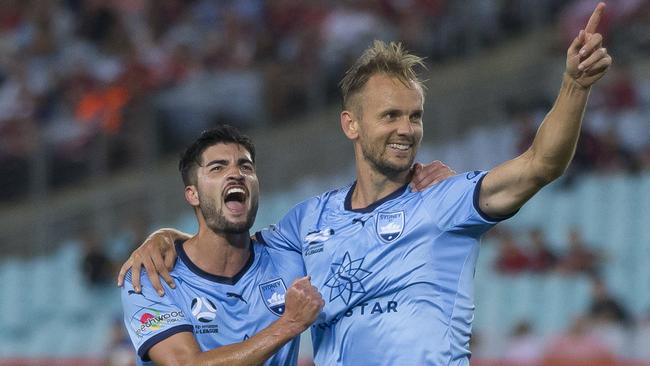 Siem de Jong celebrates with Paulo Retre after scoring against the Wanderers.