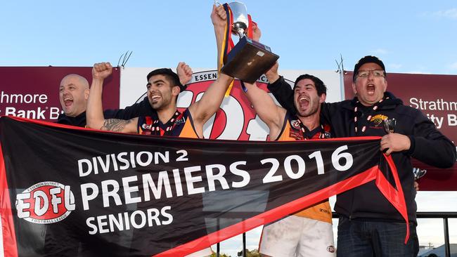 David Battistella (right) celebrates East Keilor’s 2016 flag. Picture: Kylie Else