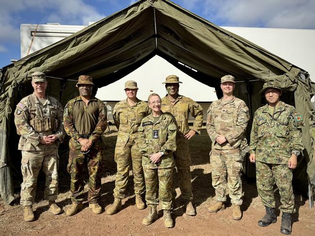 The shadow Assistant Minister for Education and the member for Forrest, Nola Marino with soldiers from the Australian Defence Force, Japanese Self-Defense force and U.S. Army during her visit to the Townsville Field Training Area for Exercise Brolga Run 2024. Photo: Major Taylor Lynch