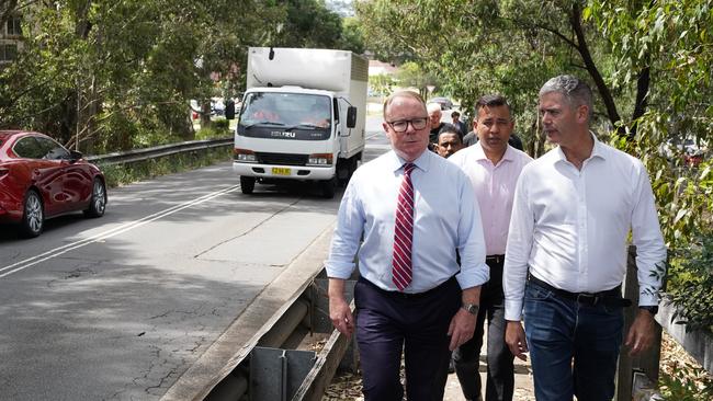 Prospect MP Hugh McDermott, Parramatta councillor Sameer Pandey and Roads Minister John Graham at Toongabbie Bridge.