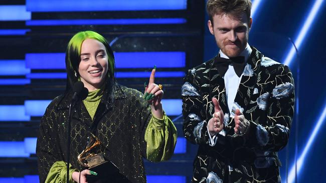 Billie Eilish and her producer brother Finneas accept the award for Song Of The Year for ‘Bad Guy’. Picture: Robyn Beck/AFP