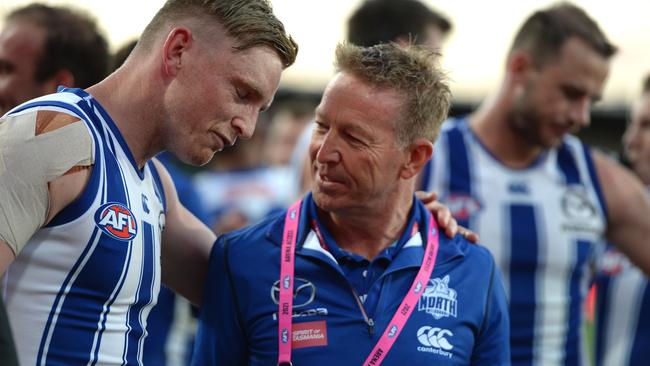 Jack Ziebell and coach David Noble celebrate a little reward for the Roos’ effort. Picture: Getty Images