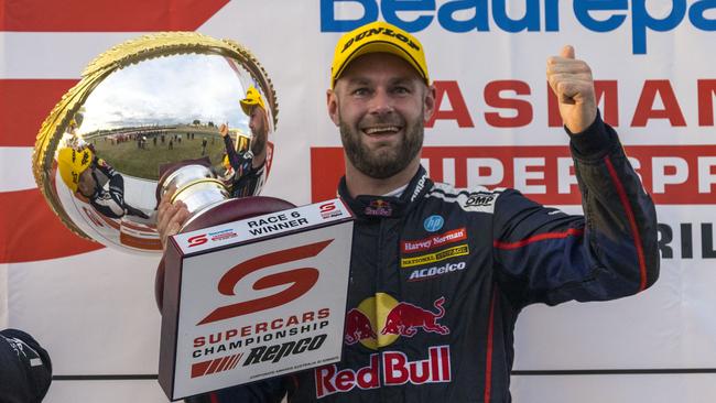 Shane van Gisbergen with the winner’s trophy.