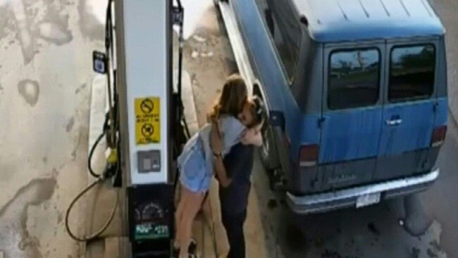 Last moments: CCTV footage shows Lucas Fowler and Chynna Deese at a gas station in Fort Nelson, British Columbia. Picture: Supplied