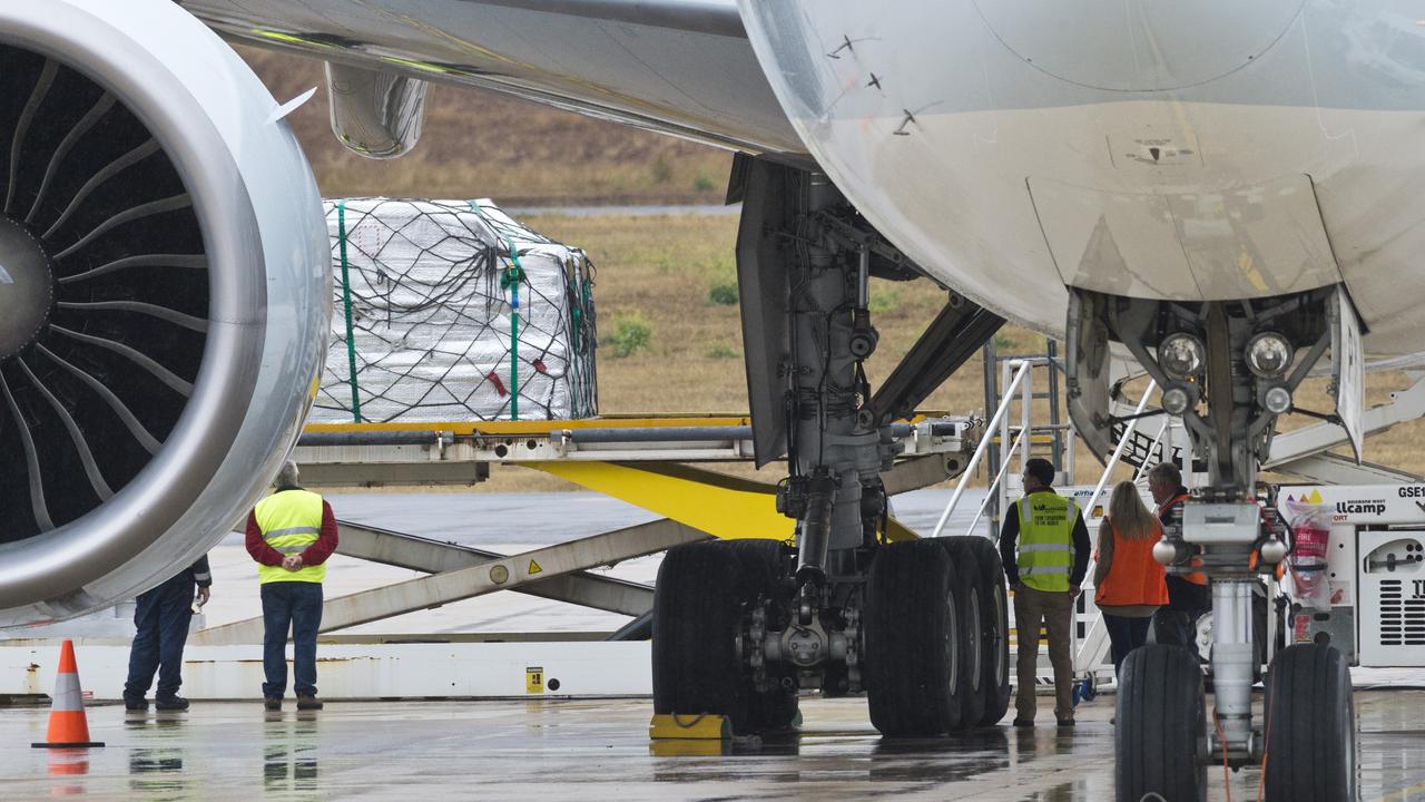 Darling Downs produce is loaded onto a Cathay Pacific Boeing 777-300 bound for Hong Kong at Toowoomba Wellcamp Airport, Sunday, June 14, 2020. Picture: Kevin Farmer