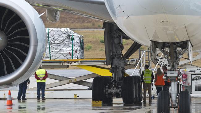 Darling Downs produce is loaded onto a Cathay Pacific Boeing 777-300 bound for Hong Kong at Toowoomba Wellcamp Airport, Sunday, June 14, 2020. Picture: Kevin Farmer